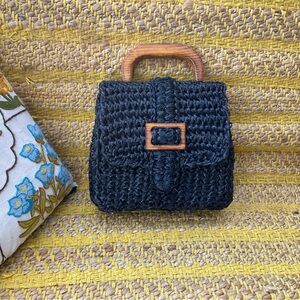 Vintage 50s Raffia HandBag Wooden Handle